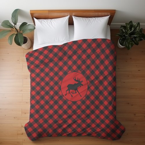 Rustic Wild Moose Red and Black Buffalo Plaid Duvet Cover
