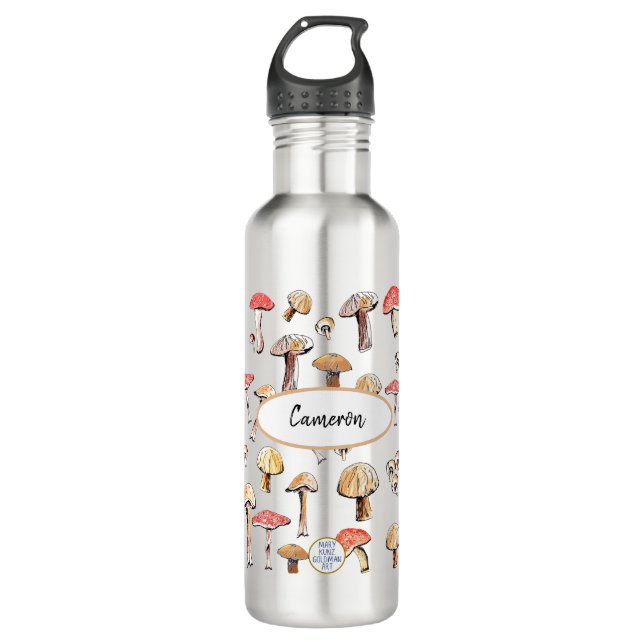 Rustic Wild Mushroom Hand-Illustrated Personalized Stainless Steel Water Bottle (Front)