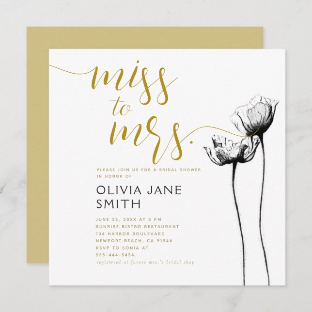 Rustic Wild Poppy Black White Gold Bridal Shower Invitation (Front/Back)