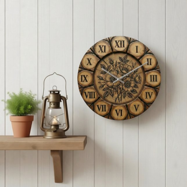 Rustic Wild Rose Wall Clock | Wood-Look Farmhouse  (Creator Uploaded)