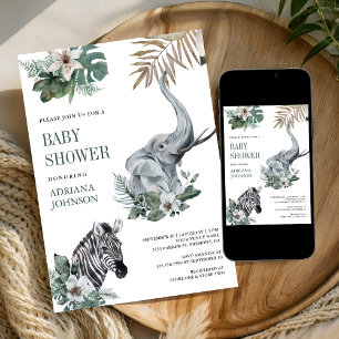 Rustic Wild Safari Zebra and Elephant Baby Shower Invitation
