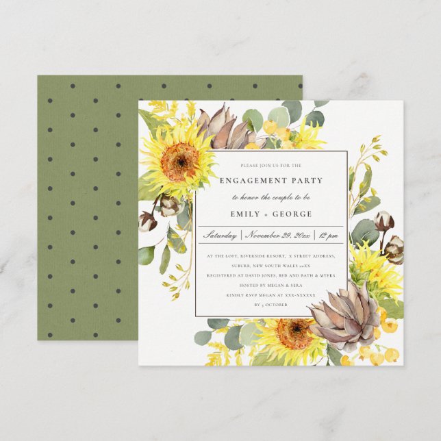 RUSTIC WILD SUNFLOWER EUCALYPTUS FLORAL ENGAGEMENT INVITATION (Front/Back)