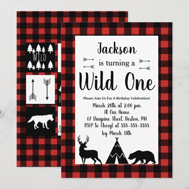 Rustic Wilderness & Animal Plaid Wild One Birthday Invitation (Front/Back)