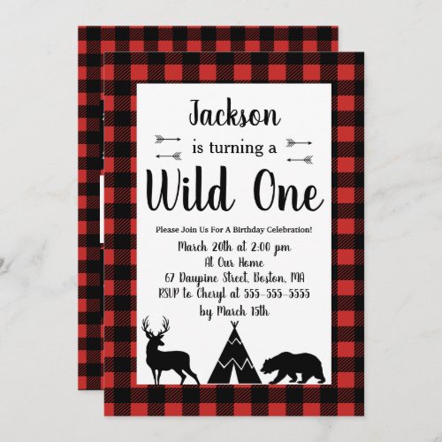 Rustic Wilderness  Animal Plaid Wild One Birthday Invitation