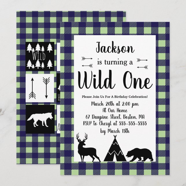 Rustic Wilderness & Animal Plaid Wild One Birthday Invitation (Front/Back)