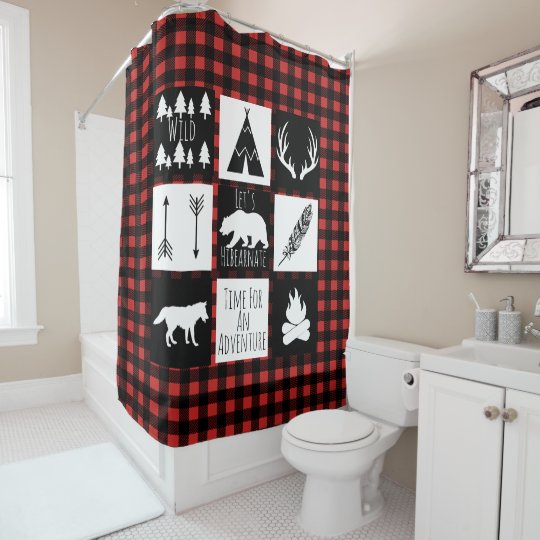 Rustic Wilderness Animals Buffalo Check Plaid Shower Curtain