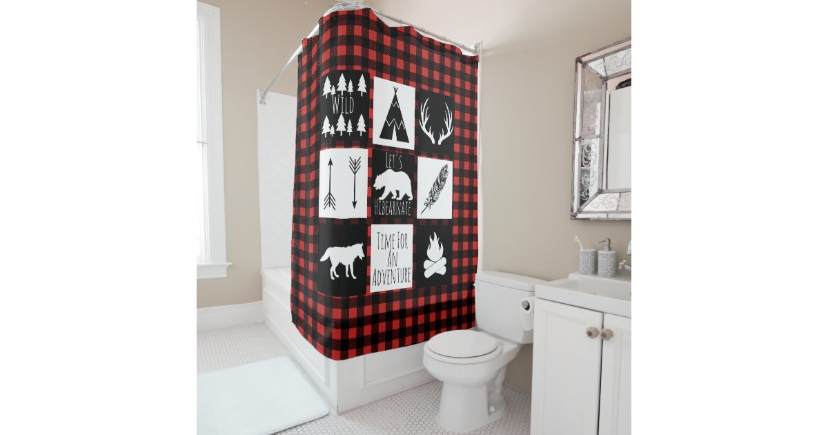 Rustic Wilderness Animals Buffalo Check Plaid Shower Curtain