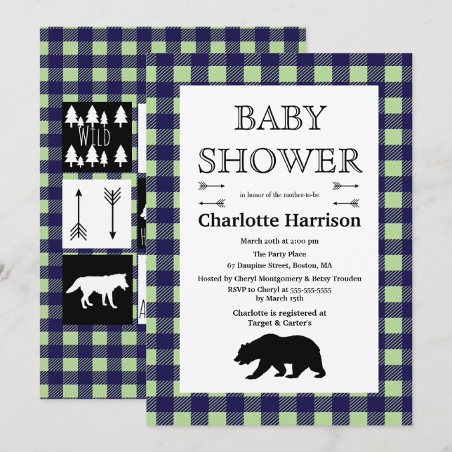 Rustic Wilderness & Animals Plaid Baby Shower Invitation (Front/Back)