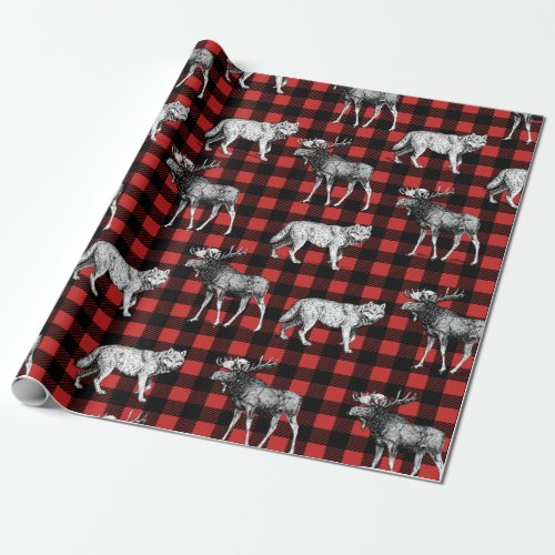 Rustic Wilderness Wolves  Moose Buffalo Plaid Wrapping Paper