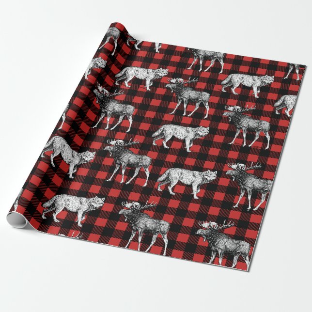 Rustic Wilderness Wolves & Moose Buffalo Plaid Wrapping Paper (Unrolled)