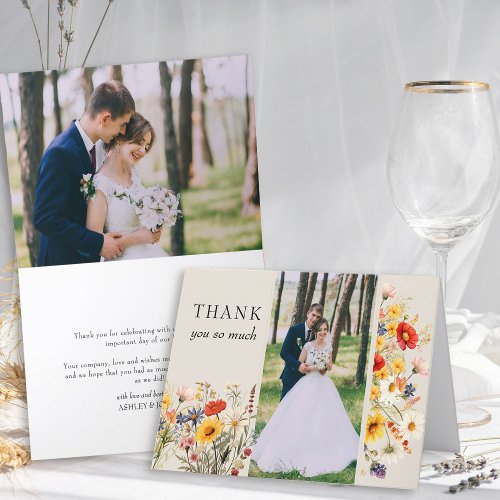 Rustic Wildflower 2 Photo Vibrant Floral Wedding Thank You Card