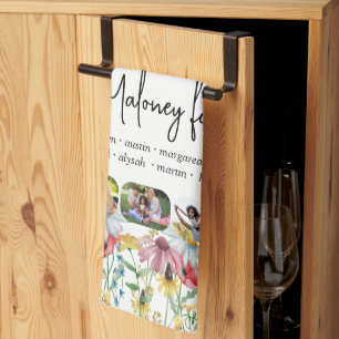Rustic Wildflower 5 Photo Family Name First Names Kitchen Towel