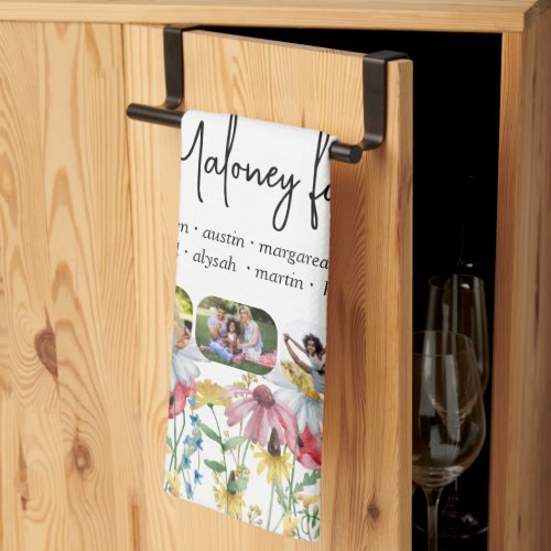 Rustic Wildflower 5 Photo Family Name First Names Kitchen Towel