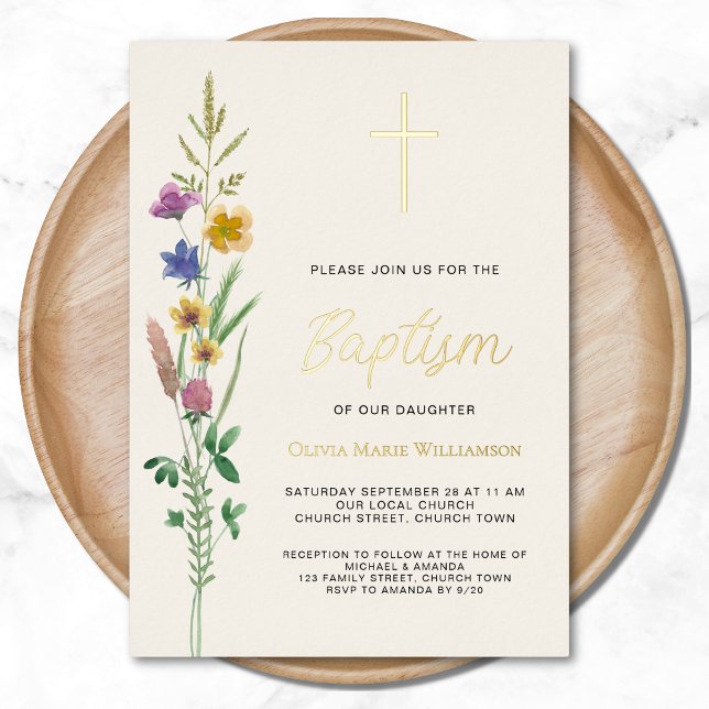 Rustic Wildflower Baptism Foil Invitation (Creator Uploaded)