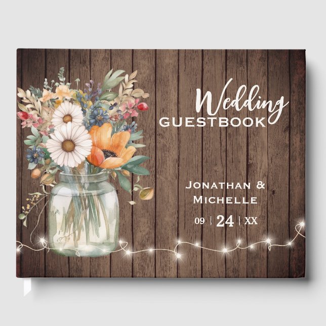 Rustic Wildflower Barn Wood Country Floral Wedding Guest Book (Front)