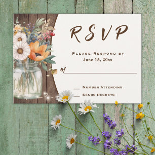 Rustic Wildflower Barn Wood Country Floral Wedding RSVP Card