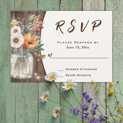 Rustic Wildflower Barn Wood Country Floral Wedding RSVP Card