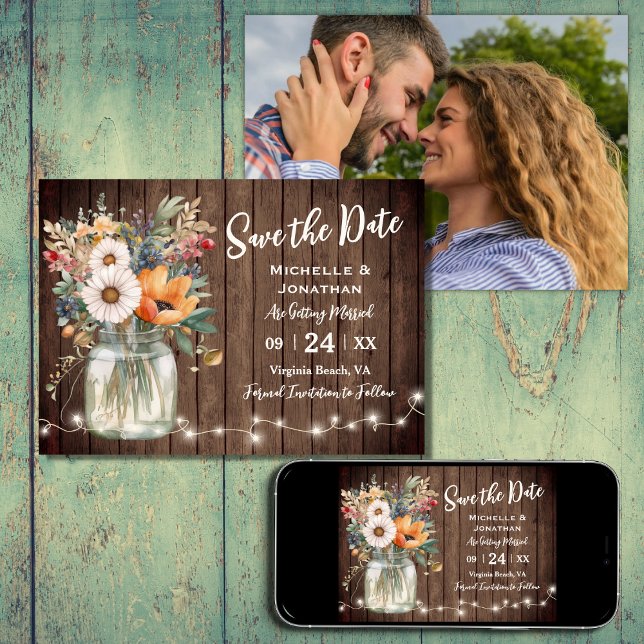 Rustic Wildflower Barn Wood Country Photo Wedding Save The Date (Creator Uploaded)