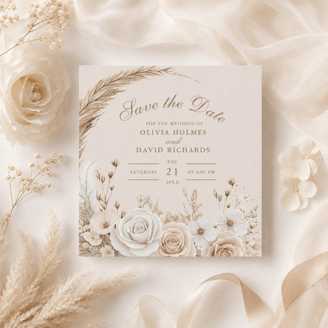 Rustic Wildflower Beige Save the Date (Rustic Wildflower Beige Save the Date with beige wedding decor and flowers)