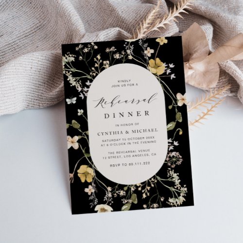 rustic wildflower black rehearsal dinner invitation