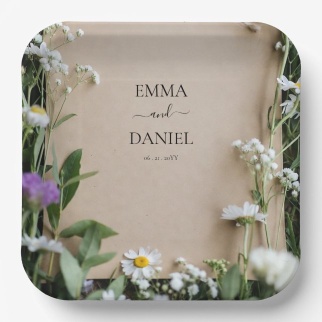 Rustic Wildflower Botanical Kraft Paper Wedding Plates (Front)