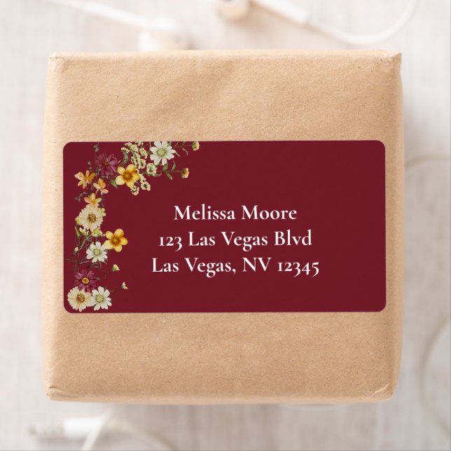 Rustic wildflower burgundy baby shower label (Insitu)