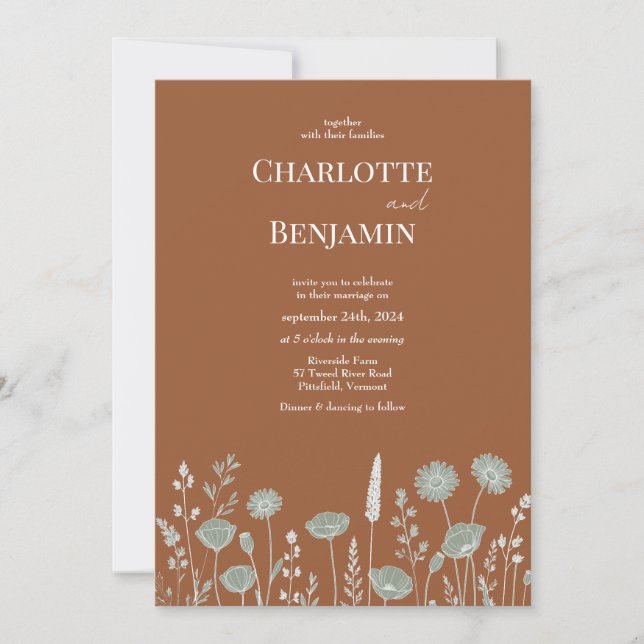 Rustic Wildflower Burnt Orange Wedding Invitation (Front)