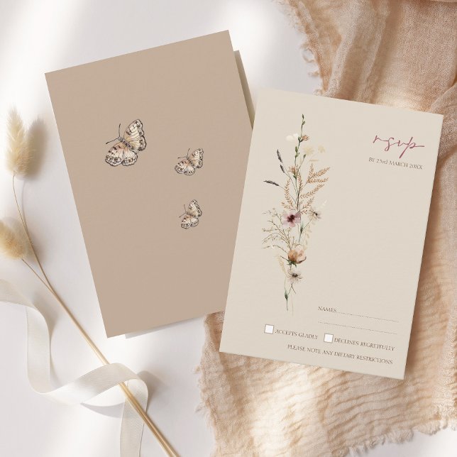 Rustic Wildflower Butterfly Boho Wedding RSVP Card (Boho Brown Wildflowers and Butterflies Wedding RSVP Card)