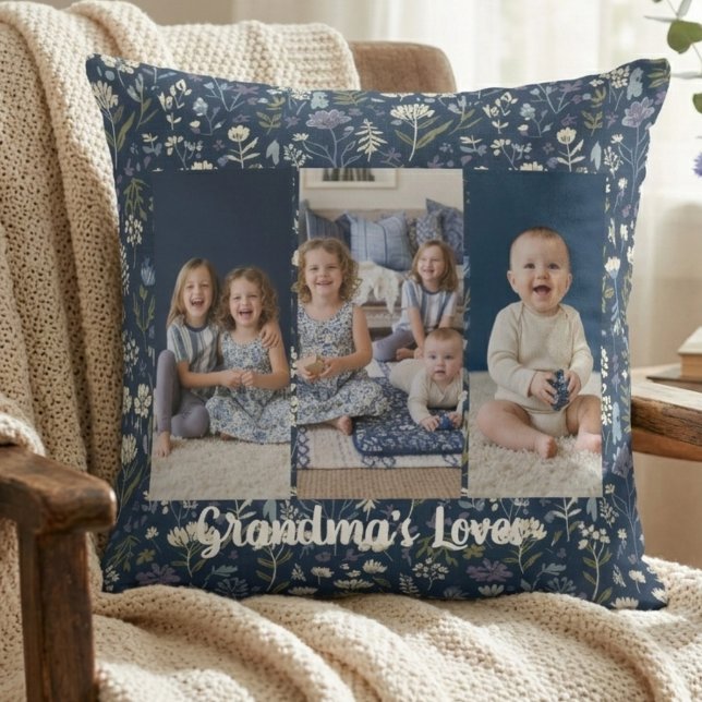 Rustic Wildflower Collage – Grandma's Loves Photo Throw Pillow (Rustic Wildflower Collage – Grandma's Loves Photo pillow)