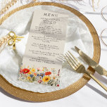 Rustic Wildflower Country Floral Wedding Menu Invitation<br><div class="desc">Rustic wildflower wedding menu with elegant floral design. The menu has a border of vibrant vintage botanical wild flowers and detailed blooms in rich, warm earthy neutral tones. A gorgeous design with summer and fall colors of red orange yellow pink blue and cream on a neutral background, helping you set...</div>