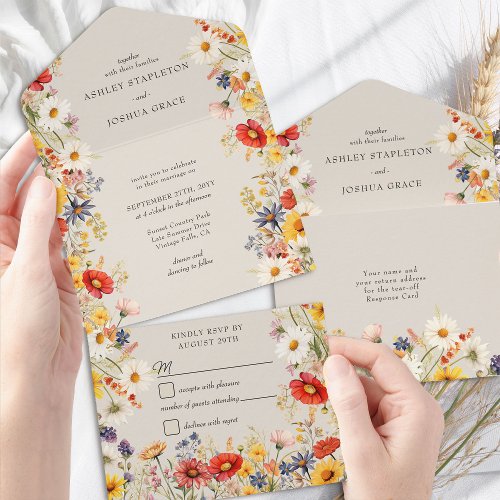 Rustic Wildflower Elegant Floral Wedding and RSVP All In One Invitation