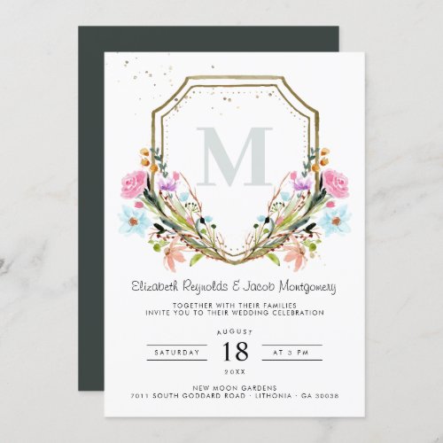 Rustic Wildflower Elegant Gold Crest Wedding Invitation