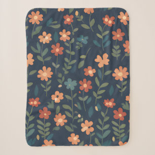 Rustic Wildflower Field Navy Blue Pattern Sherpa Blanket