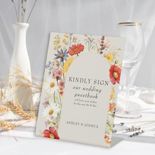 Rustic Wildflower Floral Arch Wedding Guestbook Pedestal Sign