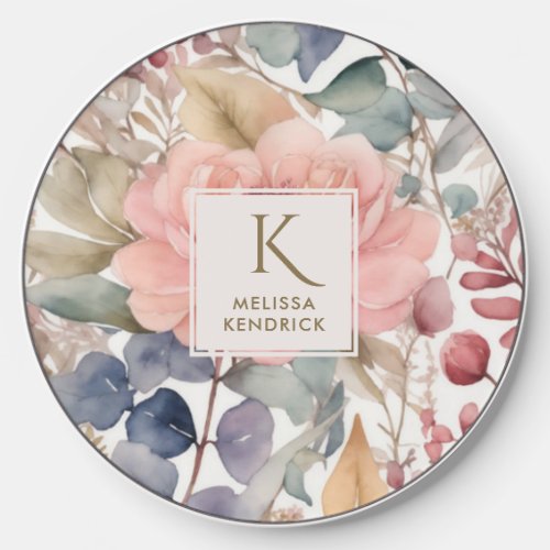 Rustic Wildflower Floral Watercolor Monogram Name Wireless Charger