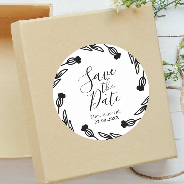 Rustic Wildflower Folk Wedding Save The Date Classic Round Sticker (Folk wildflower sticker makes wedding announcements feel cozy and beautifully personal.)