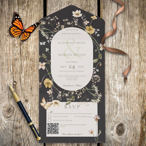 Rustic Wildflower Frame Black QR Code All In One Invitation