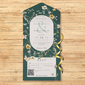 Rustic Wildflower Frame Emerald Green QR Code All In One Invitation
