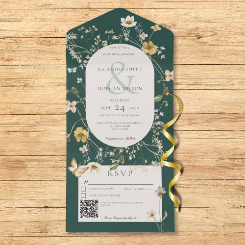 Rustic Wildflower Frame Emerald Green QR Code
