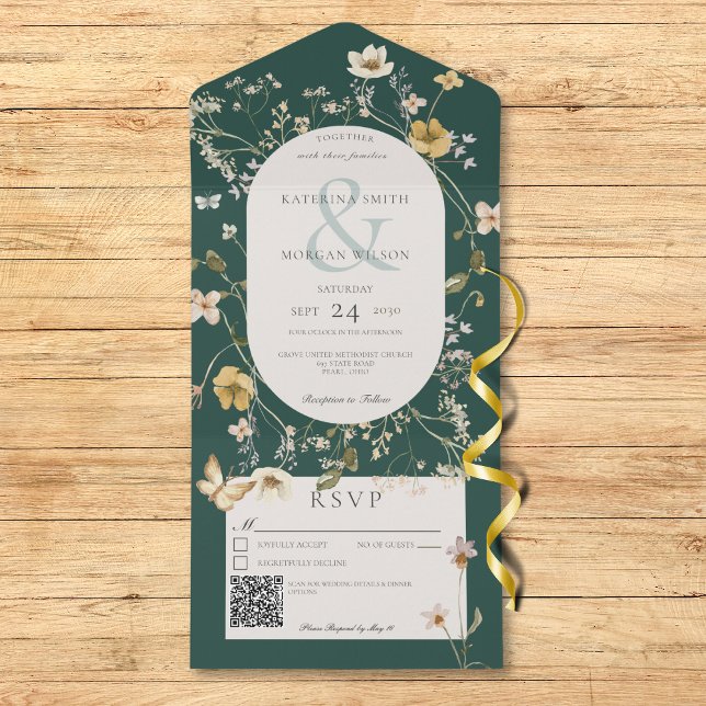Rustic Wildflower Frame Emerald Green QR Code All In One Invitation (Creator Uploaded)