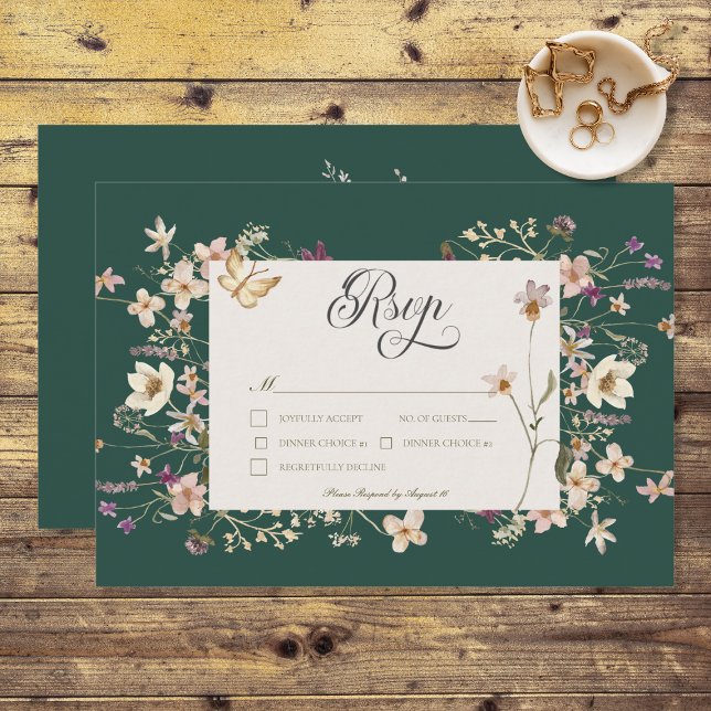 Rustic Wildflower Frame Emerald Green RSVP Card (Creator Uploaded)