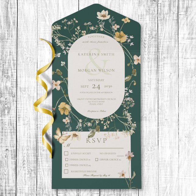Rustic Wildflower Frame Emerald Green Three Dinner All In One Invitation (Rustic Wildflower Frame Emerald Green Three Dinner All In One Invitation)