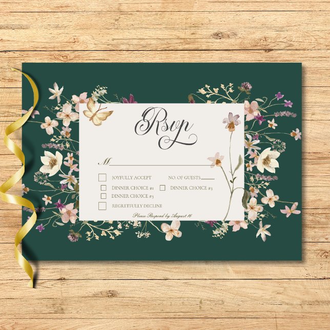 Rustic Wildflower Frame Emerald Green Three Dinner RSVP Card (Creator Uploaded)