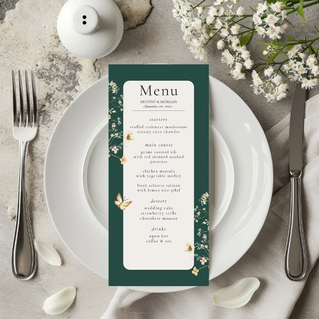 Rustic Wildflower Frame Emerald Green Wedding Menu (Creator Uploaded)