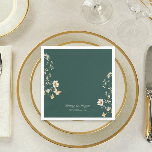 Rustic Wildflower Frame Emerald Green Wedding Napkins (Creator Uploaded)
