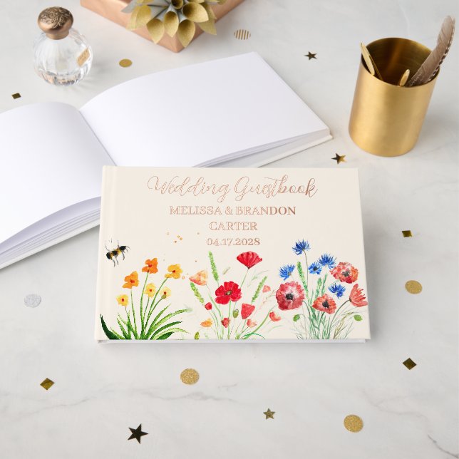Rustic Wildflower Garden Spring Watercolor Wedding Foil Guest Book (Front Open)