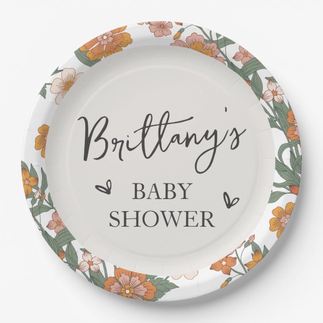 Rustic Wildflower Gender Neutral Baby Shower Paper Plates (Front)