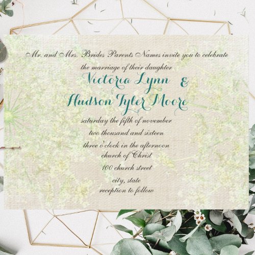 Rustic Wildflower Green and Teal Queen Annes Lace Invitation