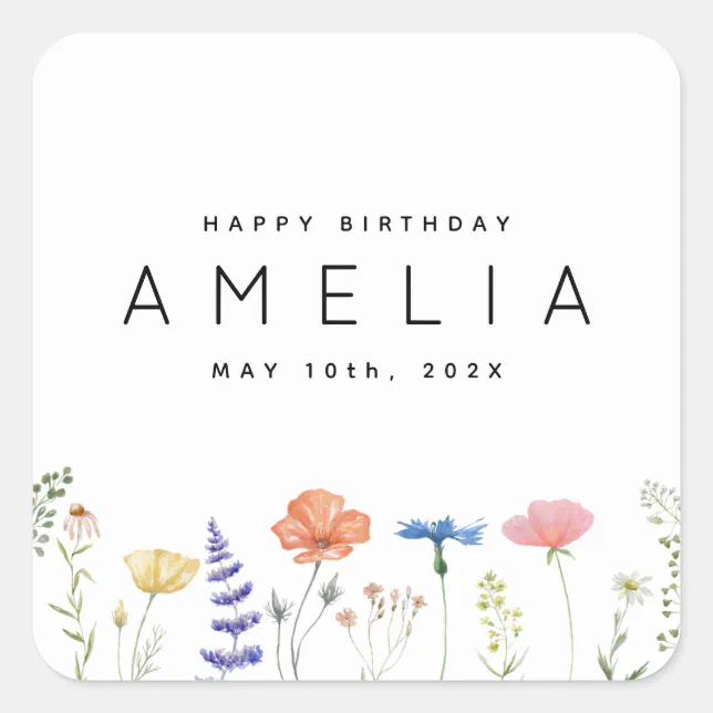 Rustic Wildflower Happy Birthday Name Square Sticker | Zazzle
