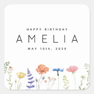 Rustic Wildflower Happy Birthday Name Square Sticker